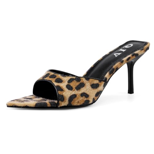 Image of QIV Leopard Kitten Heels Pointed Toe Mule Heels for Women Open Toe Kitten Heel for Party Dressy Wedding
