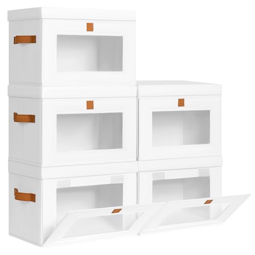 Homsorout Medium Fabric Storage Bins - Closet Shelf Organizer with Open Window, 5 Pack Closet Baskets for Shelves, Stackable Decorative Boxes for Home, Dorm, White, 13.7" x 9.8” x 9.8"