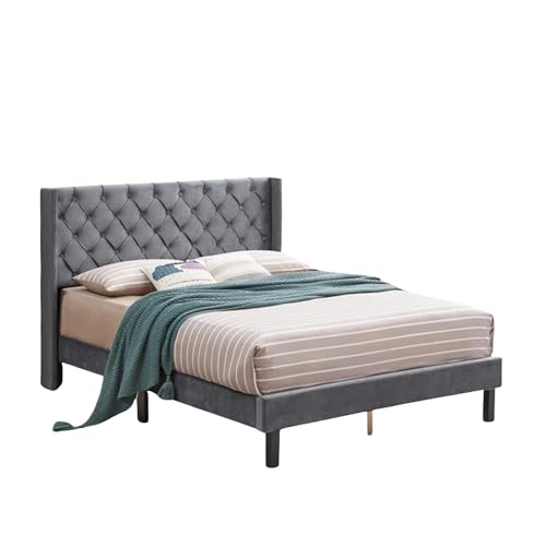 Image of Wooden Upholstered Bed King Size Without Storage | Wrought Iron King Size Cot with Headboard | Double Size Bed for Bedroom | Palang Furniture for Guest Room, Grey Finish-1, (Grey Finish-1)