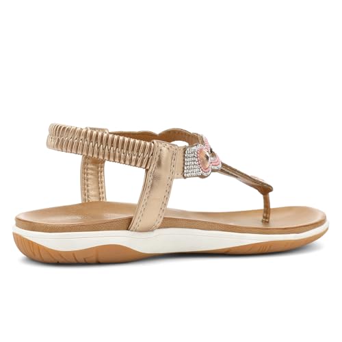 Image of UBFEN Womens Flat Sandals with Arch Support - T-Strap Thong Sandals with Elastic Back Strap, Comfortable for Walking, Bling, Rhinestone, Dressy