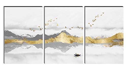 SAF Set Of 3 Golden Mountain Abstract MDF Self Adhessive UV Textured Painting 36 Inch X 18 Inch(Each Painting Size 12 Inch X 18 Inch) PHSX30239 For Rs. 89 @ 94 %