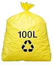 Sac Poubelle Jaune 100l | 50 Sacs Poubelles 100 Litres (2 Rouleaux de 25 Sacs Jaunes) | Très Résistant (30 µ) et Etanche | Déchets non Alimentaires | Fermeture Lien à Nouer | Tri Sélectif
