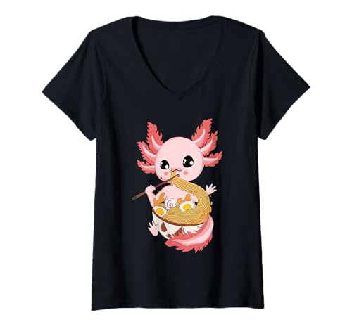 Mujer Anime Kawaii Axolotl Eating Ramen noodles kids girls Teens Camiseta Cuello V