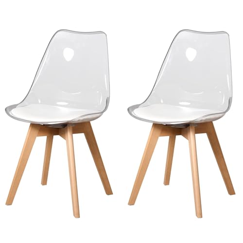 2 Chaises Tulipes Salle à Manger Scandinaves BM Home Salle de Bureau, Pieds Bois de Hêtre Massif, Transparente, Assise Blanche
