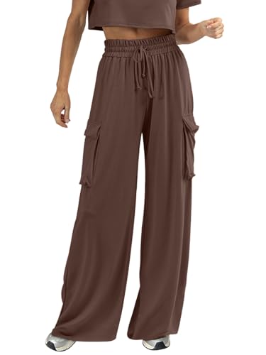 Womens Wide Leg Cargo Pants Flowy Casual Palazzo Pleated Trouser Woman Elastic High Waisted Loose Fit Lounge Pant 2025