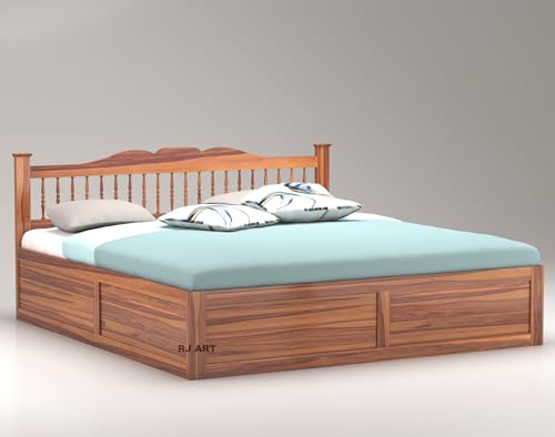 Image of Solid Sheesham Wood King Size Bed with Box Storage for Bedroom Living Room Home Hotel Wooden Double Bed Cot Palang Home Furniture (Honey Finish)