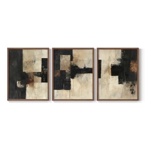 Renditions Gallery Set of 3 Peel & Stick Framed Prints, Modern Abstract Wall Art, Black and Beige Random Pattern Wall Decor, Re-Stickable - Ready to Hang - 22"x28" - Walnut Frame LT597