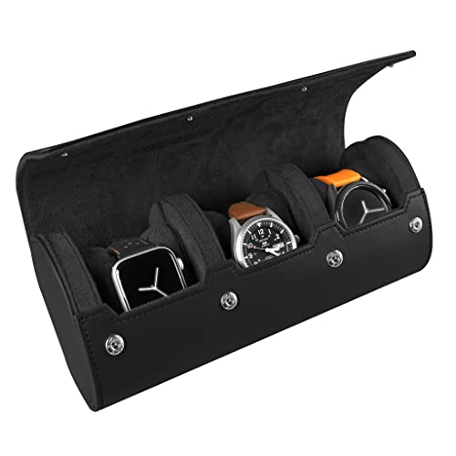 Image of Barton Leather Watch Roll for 3 Watches | Convenient Organizer Case for Travel & Storage | Fits Classic & Smart Watches (Up to 46mm) | Compact, Durable, Lightweight, Stylish - Black