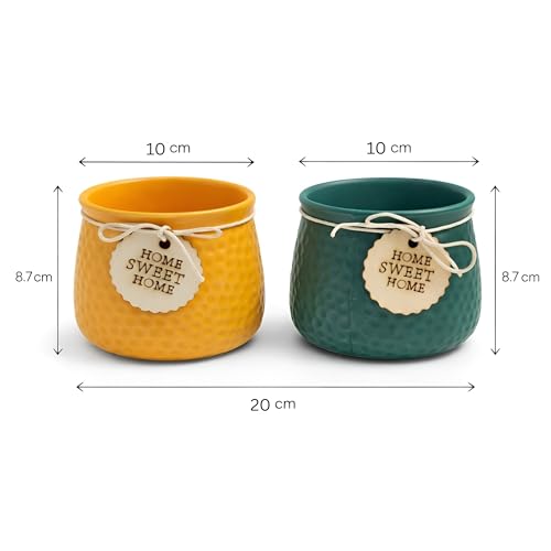 Image of Xtore Vibrant Textured Ceramic Planter Set of 2 with Wooden Tag Accent | Rustic Decorative Pots for Indoor Plants, Desk & Shelf Styling (Pack of 2, Planter only)