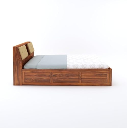 Image of TG Furniture Sheesham Wood Queen Size Bed with Storage | Wooden Double Bed with Hydraulic Storage for Bedroom & Hotel | Platform Cot Bed Palang | 78 X 60 Inch, Natural Finish