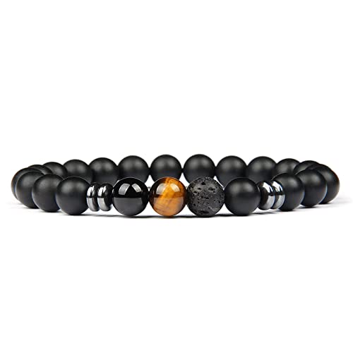 Herren-Perlenarmband mit schwarzem 8 mm Lavastein - Herren-Perlenarmbänder aus Lavastein-Vulkanstein-Perlen, elastisches Perlenarmband für Damen und Herren, Stretch-Armband, Modeschmuck (braun) Cover
