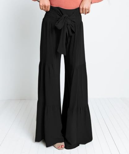 Womens Wide Leg Flared Pants Casual Long Palazzo Pants Flowy Lounge Pants High Waist Tie Knot Beach Trousers2
