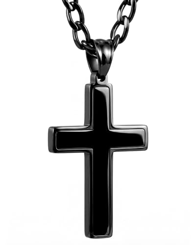 Cross Necklace for Men Black Silver Stainless Steel Cross Pendant with 5mm Figaro Link Chain Mens Jewelry 20 inch Crucifix Necklaces Birthday Gift for Teens Son Boyfriend Baptism Christian Gifts
