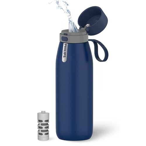 PHILIPS Water Bottle with Filter, Filter Water Bottle Stainless Steel with GoZero Everyday BPA-Free Tap Water Filter, Water Filter Bottle Keep Drink Cold 24 Hours, 1 Filter for 40 gal / 2 Months