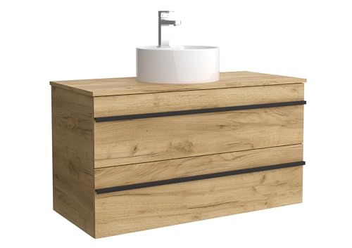 Salgar Mueble de baño Born 100 cm 100% montado de fábrica Acabado Roble suspendido 2 cajones Cierre amortiguado Apertura Tirador Perfil Lavabo sobre encimera Marca, 97969