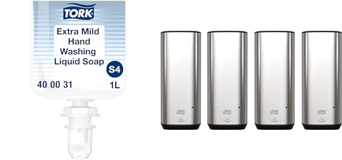 Tork Extra Mild Hand Washing Liquid Soap S4, No Fragrance added, 6 x 1L, 400031 Intuition Sensor Skincare Dispenser Stainless Steel S4, for Hand Soap & Sanitizer, Image Range, Pack of 4, 466100