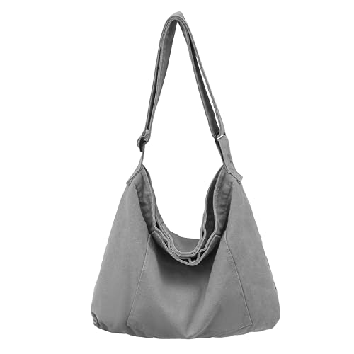 Image of Cotton Tote Handbag Women Canvas Crossbody Beach Bag Hobo Shoulder Tote Bag with 3 External Pocket,Zipper Closure