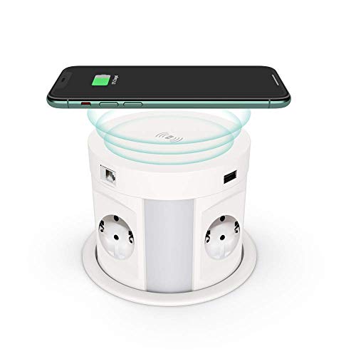 Torre de enchufe retráctil con USB, THOWALL enchufe oculto de mesa con cargador inalámbrico, enchufe múltiple con 4 enchufes Schuko y 2 puertos USB y HDMI y conexiones de red RJ45 (enchufe UE)