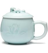 SILINE Longquan Celadon Tea Cup with Lid 11.8 oz/350ml,Green Porcelain Coffee Mug Teacup Lucky Gi...