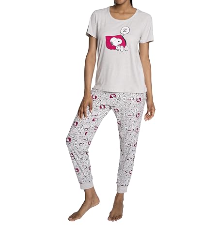 Peanuts Womens 2 Piece Snoopy Pajama Set Short Sleeve Tee and Jogger Pj Pants with Drawstring Elastic Waistband Matching Sets Lt Heather Grey M