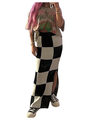Floerns Women's Checkered Long Skirts Elastic Waist Split Hem Plaid Pencil Skirts