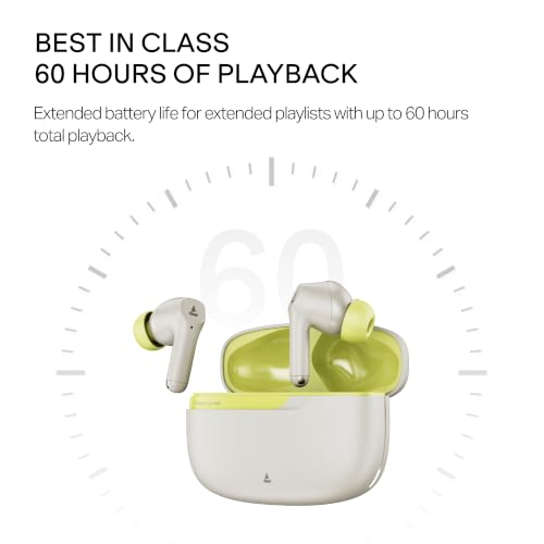 Image of boAt 2026 Launch Airdopes Prime 300 with Spatial Audio, 60 Hrs Battery, Quad Mics AI-ENx Technology, Multi Connectivity, 11mm Drivers, ASAPTM Charge, in-Ear Detection, Bluetooth v6.1 (Lime White)