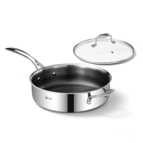 DELUXE Hybrid Nonstick 3.7 Qt Deep SautÃ© Pan with Lid, Stainless Steel Cookware Skillet with Stay-Cool Handles, Dishwasher and Oven-Safe, PFOA Free Deep Frying Pan, Compatible with All Cooktops