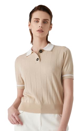 Knit Polo Sweater, Linen Blend Short Sleeve, Ribbed Pattern, Button Detail, BC1150 (US, Alpha, Large, Regular, Regular, Khaki)