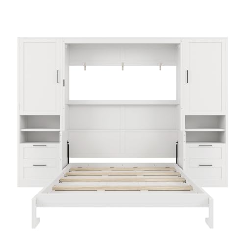 Image of Merax Queen Size Murphy Bed with Desk, Multifunctional Foldable Wall Bed with Closet, Drawers and Shelves, Space-Saving Wood Platform Bed Frame for Small Spaces Studio Study Office Guest Room, White