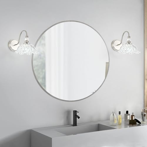 Image of 1 Piece Brushed Nickel Wall Sconce with Floral Clear Glass Shade, Brushed Nickel Finish Wall Mount Lighting for Bathroom, Modern Bathroom Vanity Light Fixture