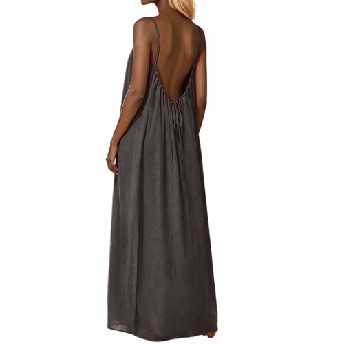 Robe midi d'été décontractée coupe ample sans manches unie dos nu à poches