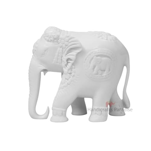 Image of Handicrafts Paradise 2.75 Inch White Marble Elephant Showpiece Hand-Made Elephant Figurine Design Vastu Decor Statue for Home Office Table Showpiece and Gift Item