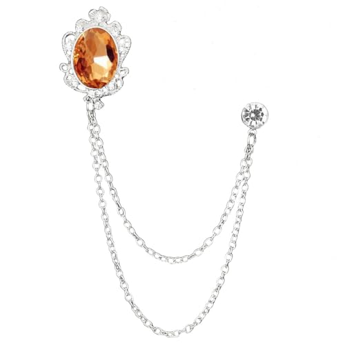 Image of Vintage Gemstone Chain Brooch Pin Rhinestone Long Chain Tassel Suit Pin Zircon Oval Crystal Lapel Pin Jewelry for Women Men