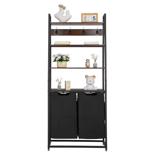 VEVOR Trieur de Linge 4 Niveaux, Panier à Linge 2 Compartiments, avec Étagères, Crochets et Sacs en Tissu Oxford 600D, Rangement pour Vêtements Sales, Buanderie Blanchisserie Salle de Bain, Noir