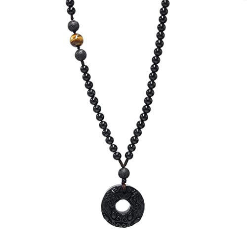 Triple Protection Black Obsidian Necklace - Pixiu Amulet Tiger Eye Lava Rock Spiritual Energy Protection Necklace for Men Women