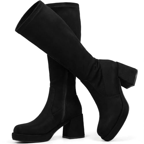 LanreyTaley Women Black Knee High Boots Tall Boots Platform Chunky Heel Suede Dress Boots Side Zipper Stretch Boots Size 38