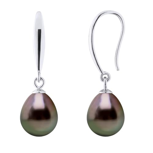 PEARLS & COLORS - Boucles d'Oreilles Véritables Perles de Culture de Tahiti Poires 8-9 mm - Qualité A+ - Argent 925 - Bijou Femme