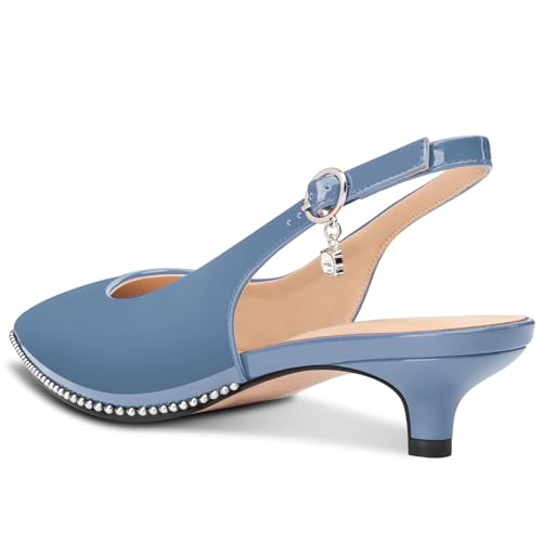 Image of TNYNFBEB Womens Low Kitten Heel Close Pointed Toe Pumps Slingback Silver Beaded Buckle Prom Party Dress Patent Leather 1.4 Inches Heels