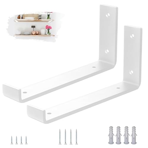 VTOPVMAX 2 Piezas Soporte Estanteria Pared Blanca - Escuadras Metalicas de L 0,5 cm Grueso con Tornillos, Soportes para Balda Flotante, 25 cm