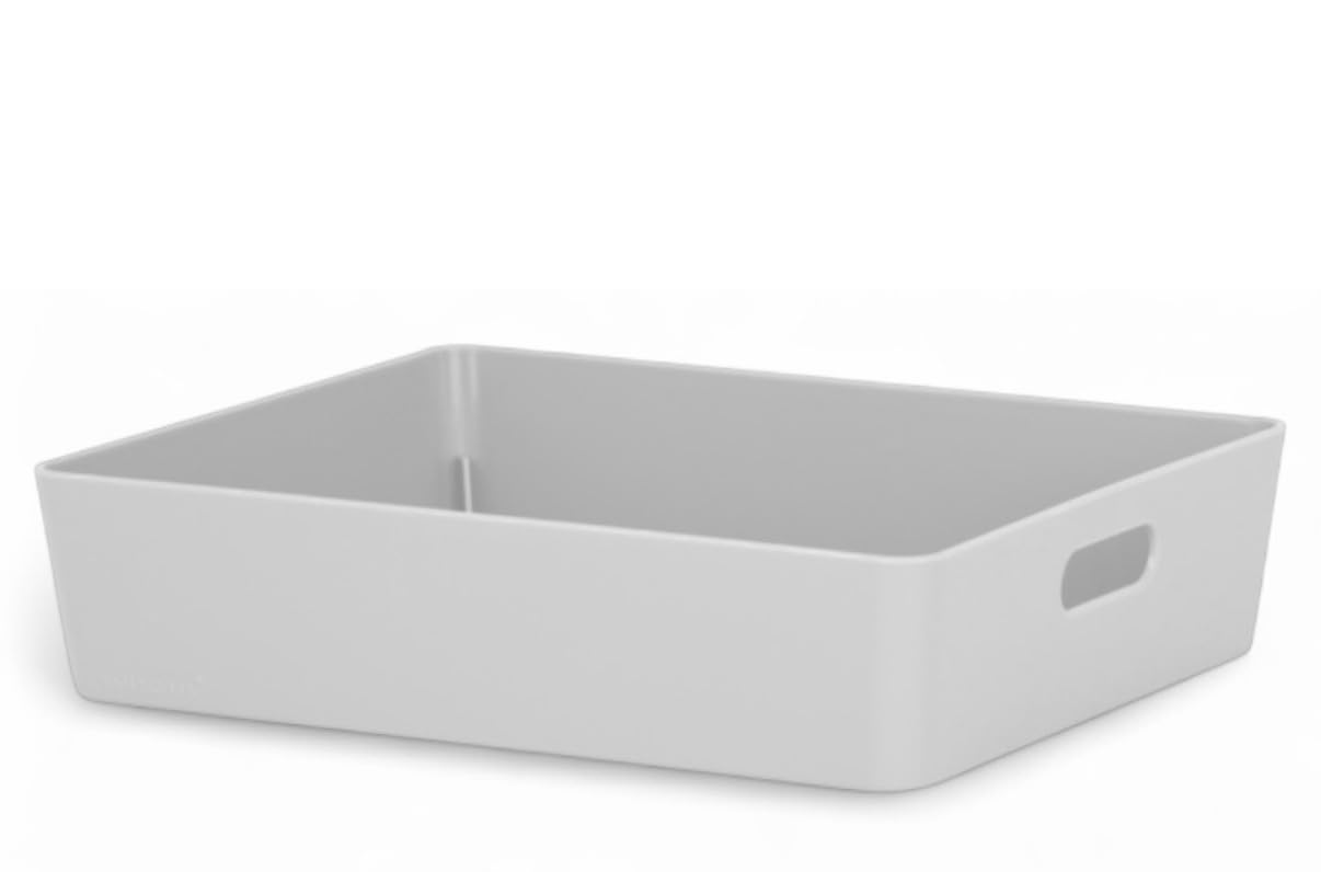 Home Fittings ® Studio Rectangular Basket 25 x 20 x 6 CM Manhattan Grey Large Plastic Storage Baskets Organizers With Handles for Cupboard, Bathroom, Office, Makeup Storage