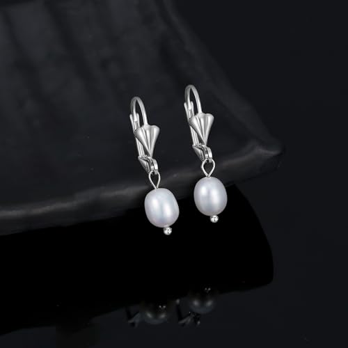 Handpicked AAA+ Freshwater Cultured Pearl Earrings for Women, Sterling Silver Pearl Leverback Drop Dangle Earrings for Mother Her (Silver, Freshwater) — view 3