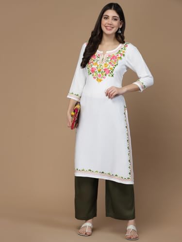 Image of QAZMI Women's Floral Aari Embroidered Viscose Rayon 3 /4 Sleeves Straight Kurta