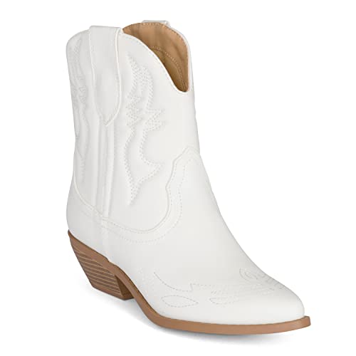 BUCK Women's Western Cowboy Ankle Boots – Pointed Toe, Low Stacked Heel, Slip-On, Stitched Design, Synthetic PU, Comfortable Cowgirl Booties for Western Fashion/Outdoor Wear3