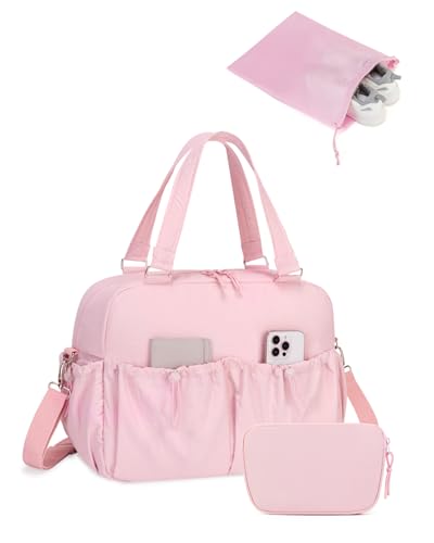 Carry On Duffle Bag, Tote Bag for Women Work with 15.6 Inch Laptop Compartment, Personal Item Travel Duffel Overnight Bag with Wet Pocket, Shoe Bag and Toiletry Pouch, Pink