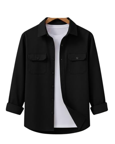 Image of Men's Black Casual Shirt, Long Sleeve, Dual Chest Pockets, Button-Down Collar