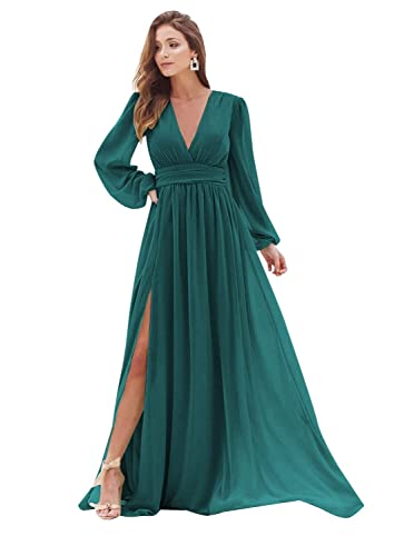 Women's Chiffon Bridesmaid Dresses with Slit V-Neck Prom Dress with Long Sleeves Formal Evening Party Gowns