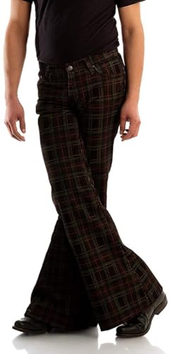 Men's Checked Corduroy Vintage 70s Bell Bottom Stretch Fit Classic Comfort Flared Flares Retro Leg Disco Pants Trousers2