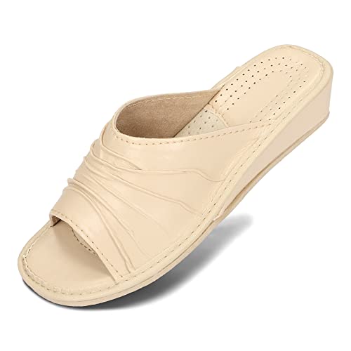 BeComfy Damskie kapcie z eko-skóry odkryte letnie pantofle domowe klapki beżowy czerwony 36-41 EU/Beżowy, 41