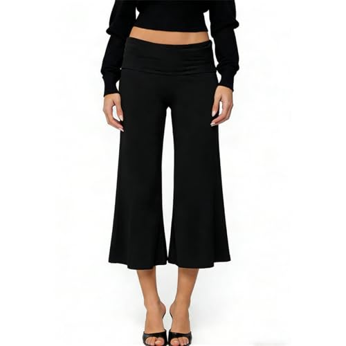 Yuemengxuan Fold Over Wide Leg Capri Pants for Women Low Rise Cropped Gaucho Pants Casual Lounge Pajamas Pants Pj Bottoms (Black L)