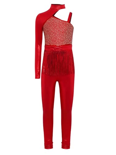 Jowowha Maillot de gimnasia para niña, de cuerpo entero, con diamantes de imitación, brillante, con un hombro, patinaje artístico, mono deportivo, rojo, 170-176
